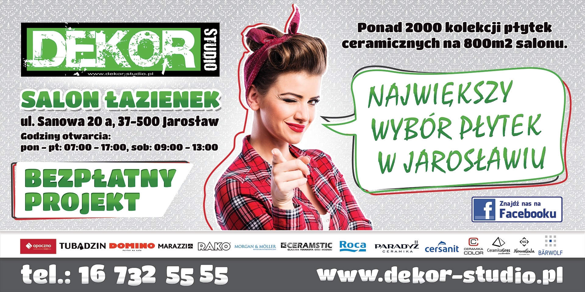DEKOR Studio. Billboard wielkoformatowy 500x250cm. Oferta salonu łazienek i płytek ceramicznych. Styl vintage. Pin-up girl banner