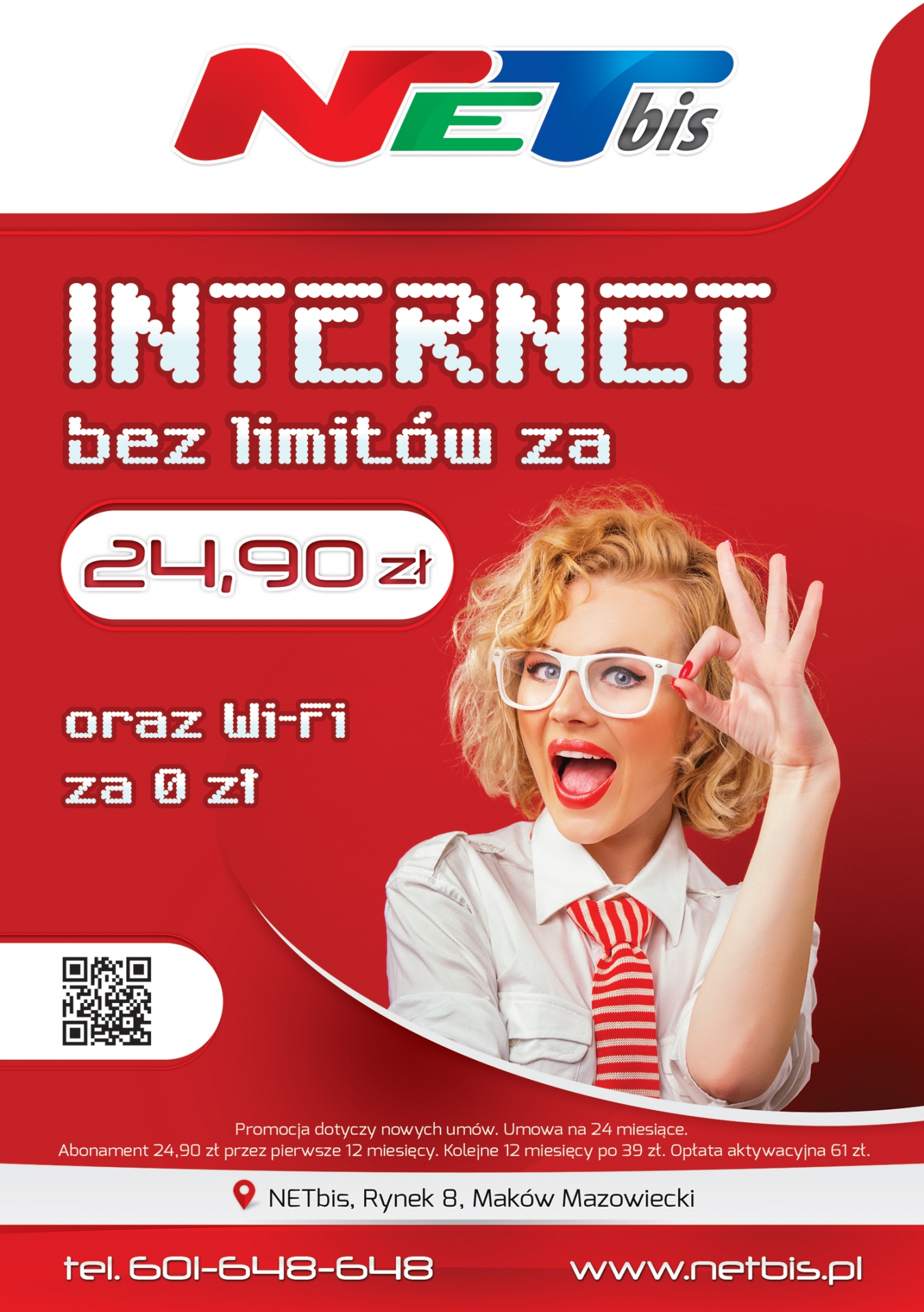 NETbis - Internet bez limitów. Prezentacja ulotki A5. Dwustronna ulotka dla ISP. Przód czerwonej ulotki z piekną kobietą w okularach