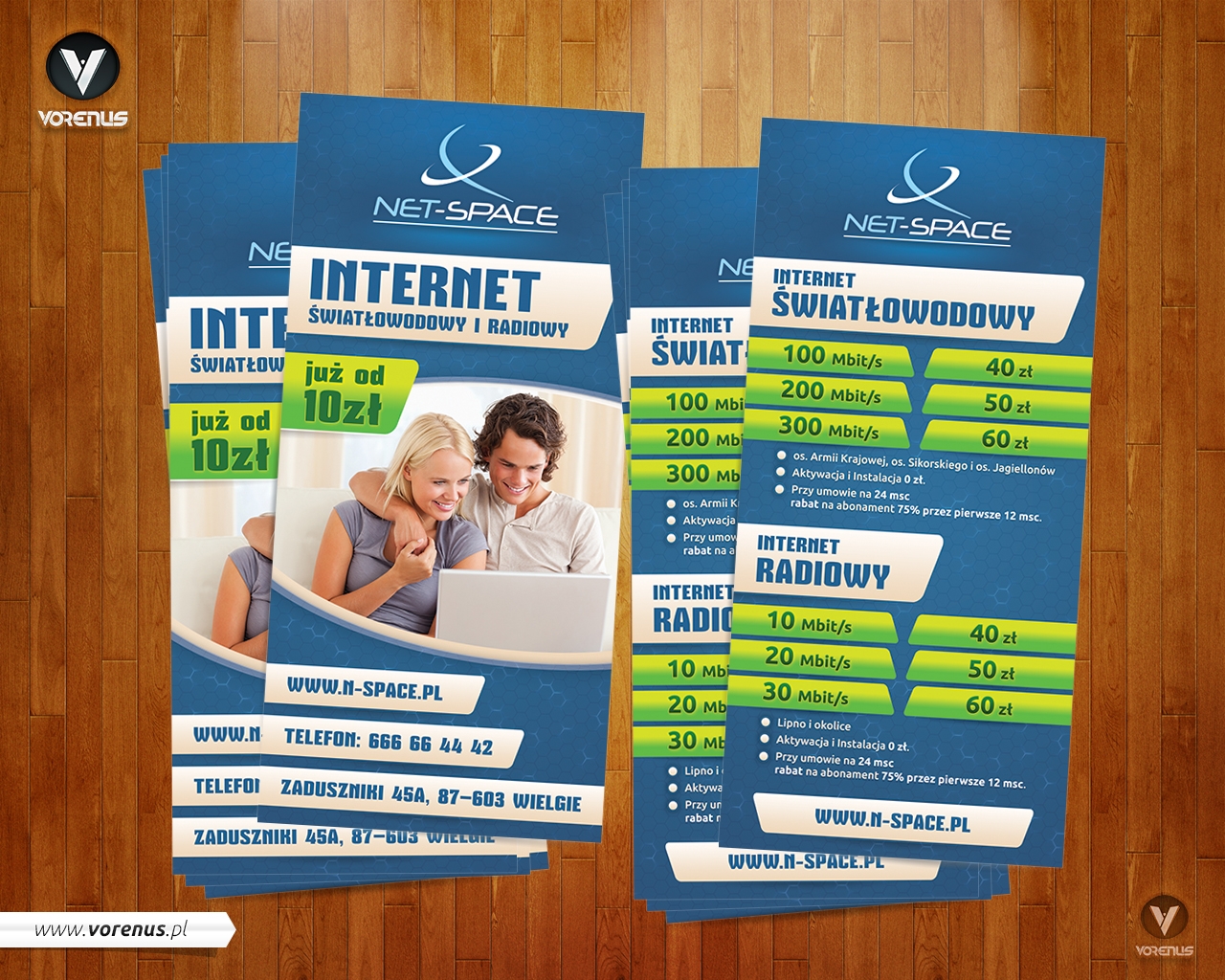 NET-Space. Prezentacja ulotki DL 99x210mm dla dostawcy Internetu. Projekt graficzny wykonany przez VORENUS.pl