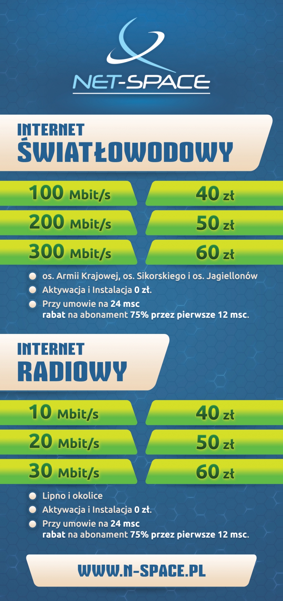 NET-Space. Tył ulotki DL 99x210mm dla dostawcy Internetu. Cennik ISP. Zaduszniki. Wielgie. n-space.pl